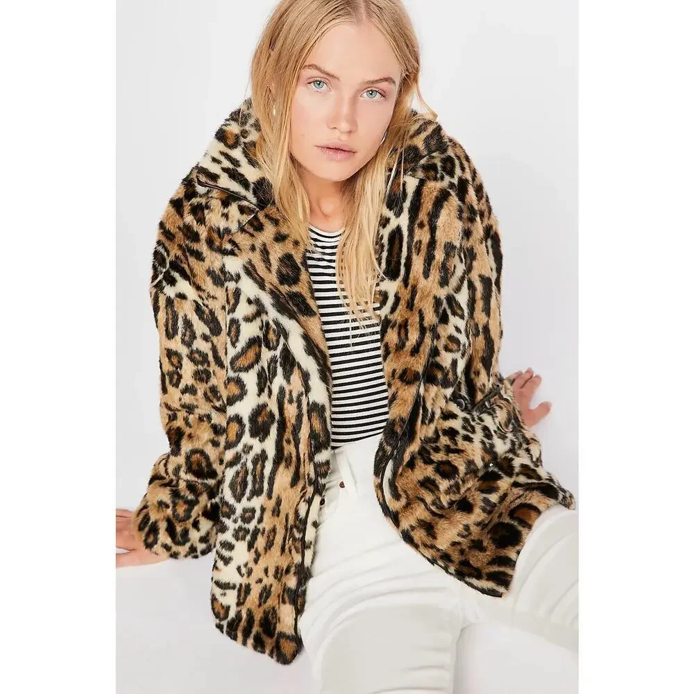 Free People Kate Leopard Print Faux Fur Oversized Coat Jacket Size XS
